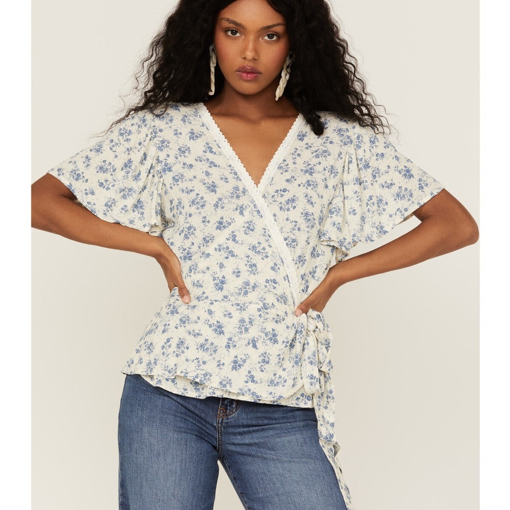 Floral Wrap Blouse in Blue and Cream